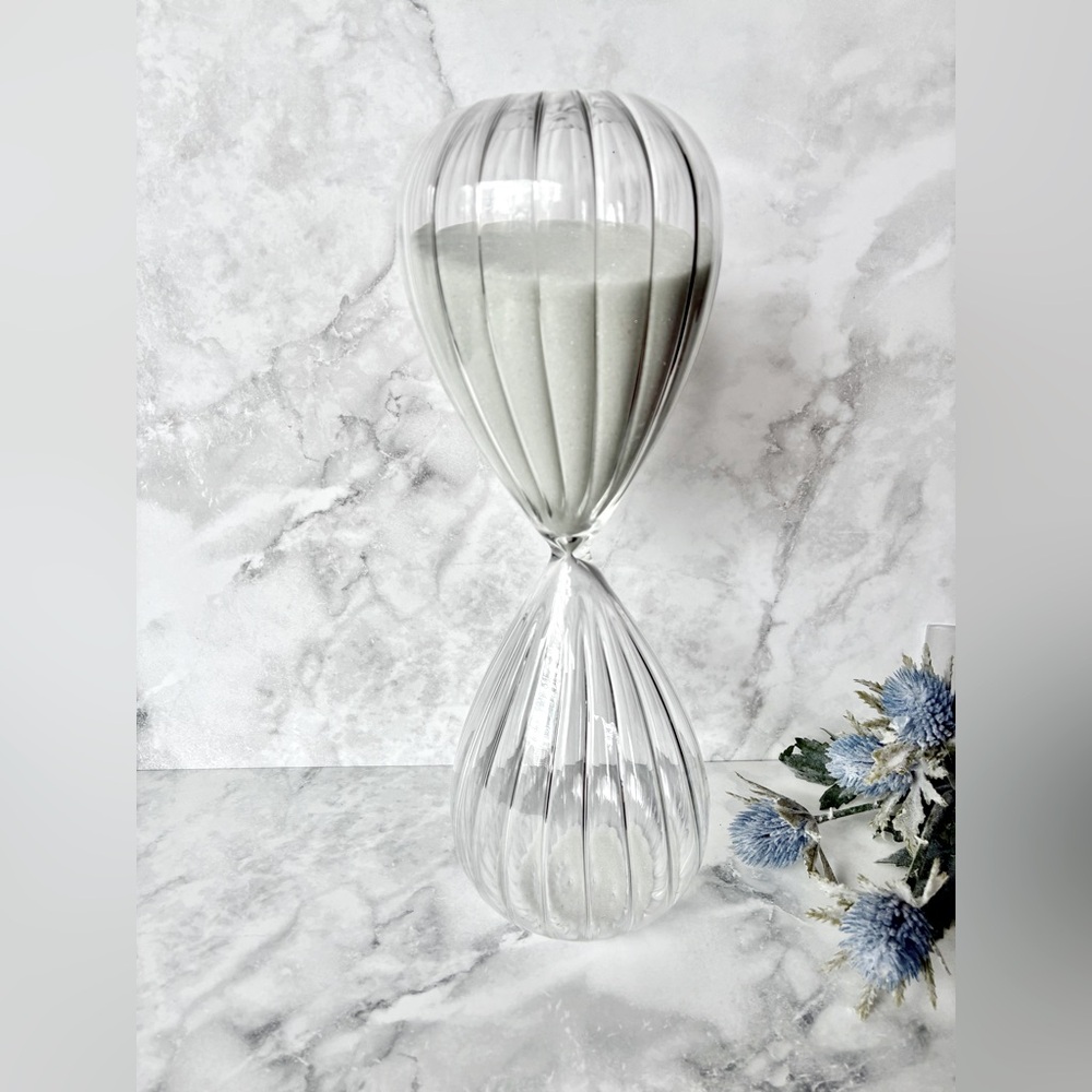 Clear Ribbed Glass Hourglass with White Sand. Great for Shelf Styling!